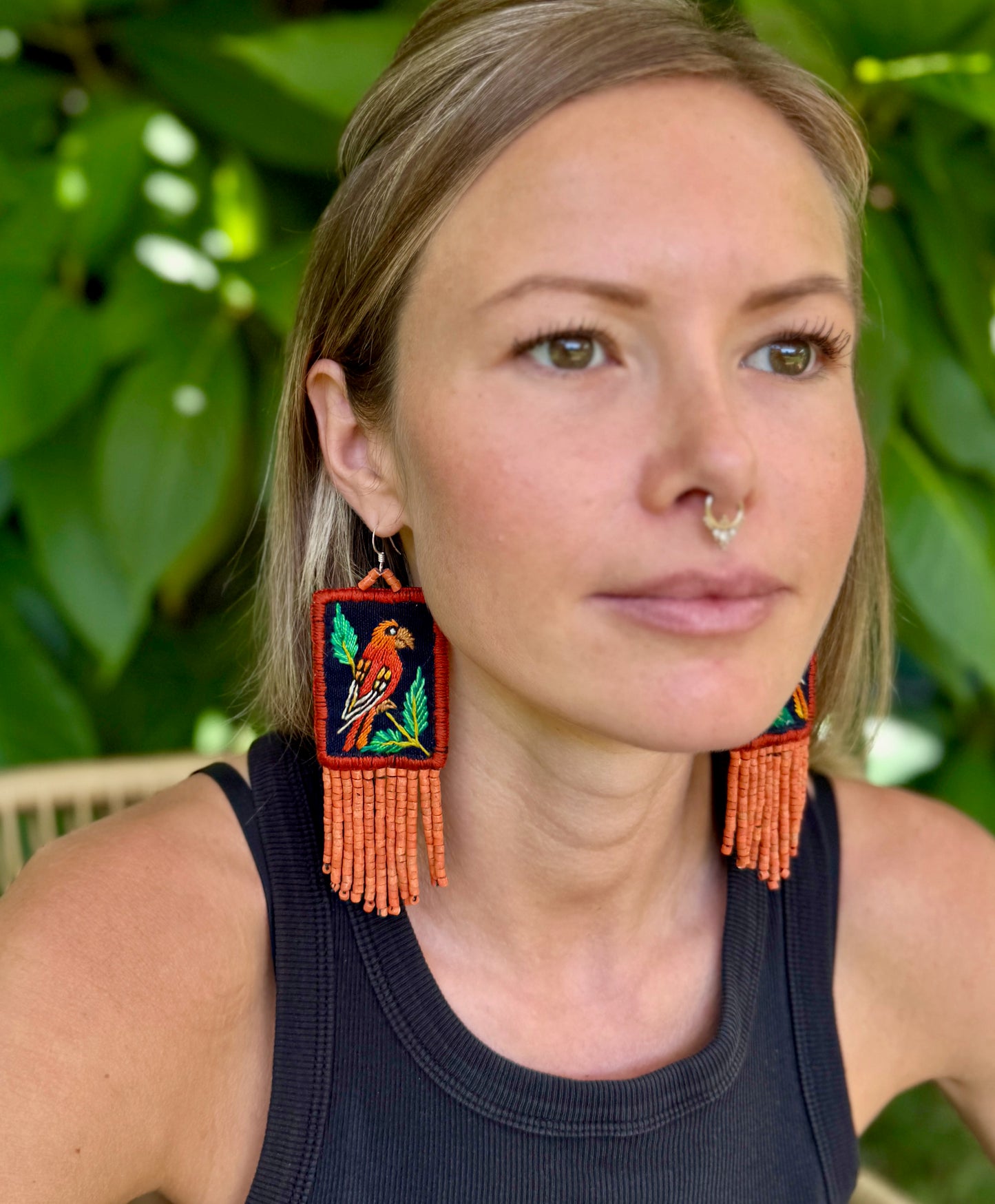 Handmade Guatemalan Embroidered Oriole Inspired Bird Earrings with Clay Bead Fringes and Silver Hooks, orange