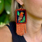 Handmade Guatemalan Embroidered Oriole Inspired Bird Earrings with Clay Bead Fringes and Silver Hooks, orange