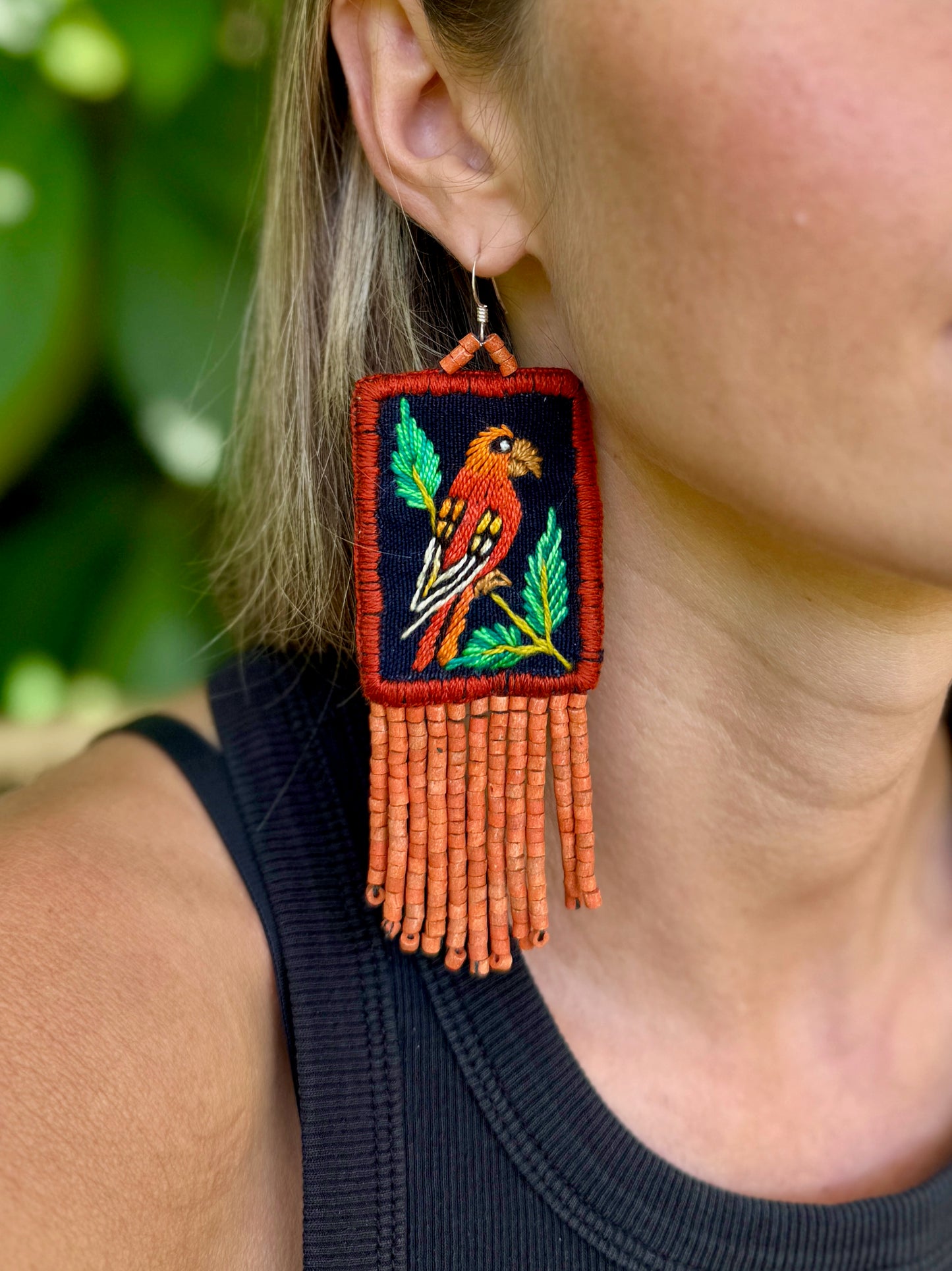 Handmade Guatemalan Embroidered Oriole Inspired Bird Earrings with Clay Bead Fringes and Silver Hooks, orange