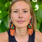 Handmade Guatemalan Embroidered Oriole Inspired Bird Earrings with Clay Bead Fringes and Silver Hooks, orange