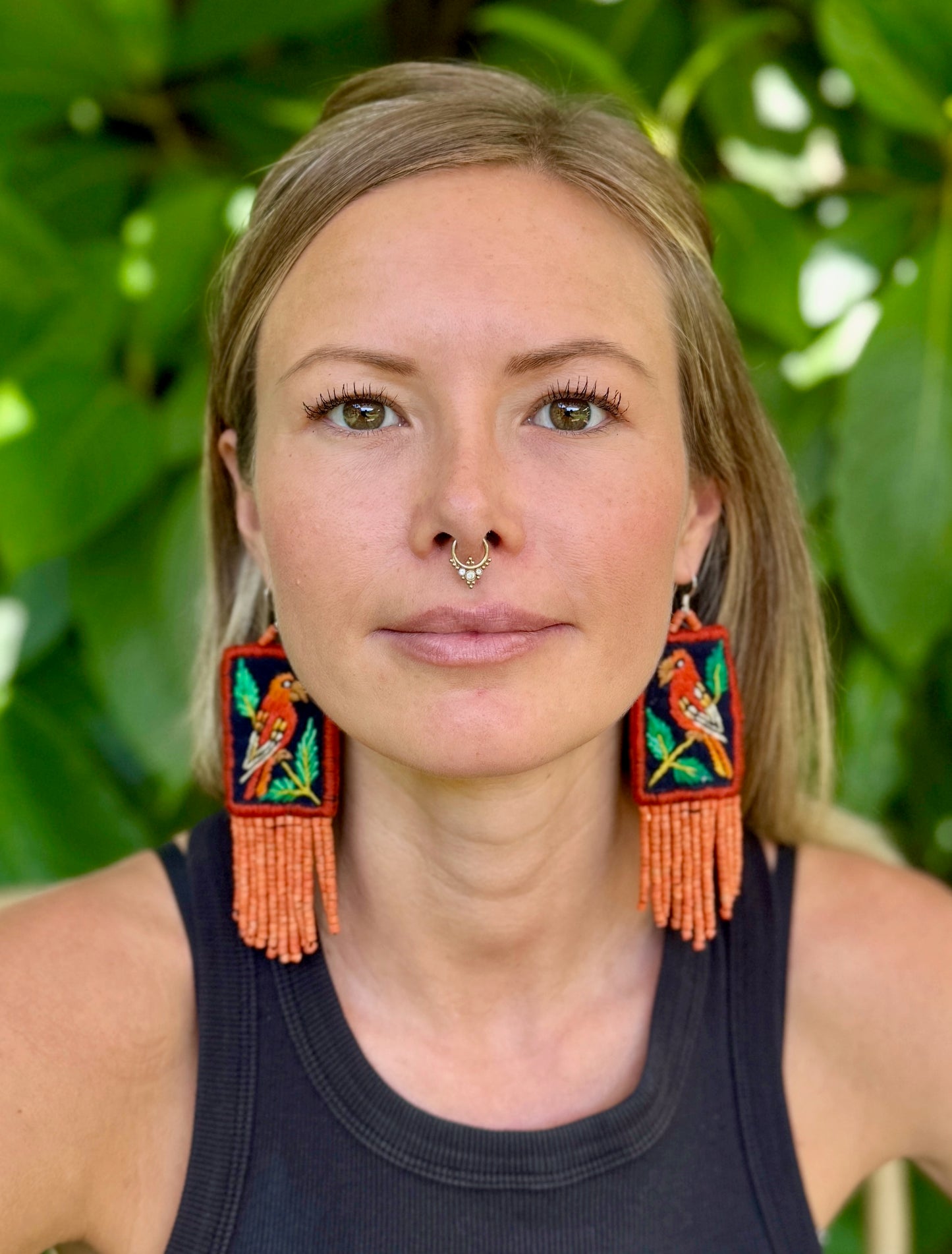 Handmade Guatemalan Embroidered Oriole Inspired Bird Earrings with Clay Bead Fringes and Silver Hooks, orange