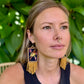 Handmade Guatemalan Embroidered Wren Inspired Bird Earrings with Clay Bead Fringes and Silver Hooks, light mustard