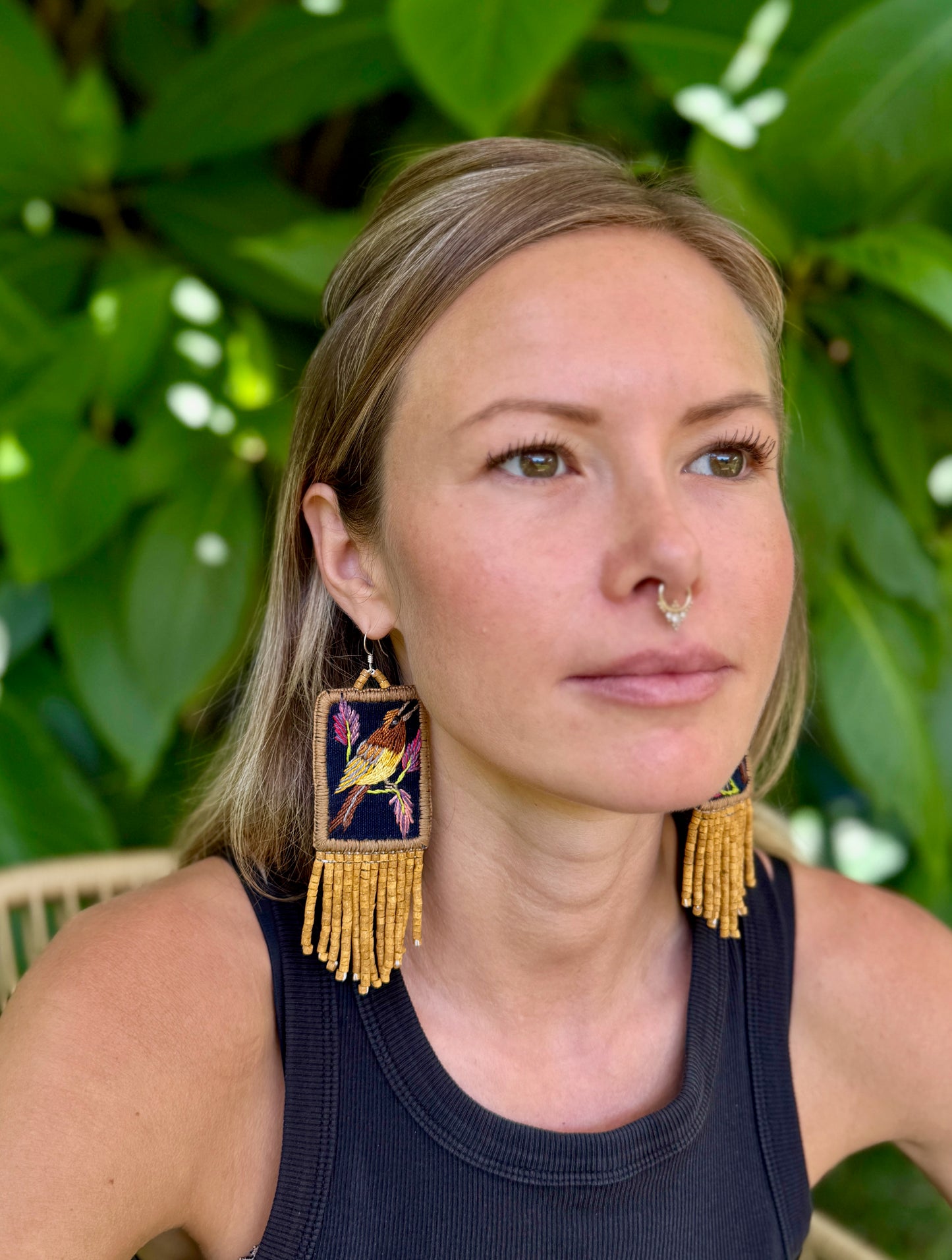 Handmade Guatemalan Embroidered Wren Inspired Bird Earrings with Clay Bead Fringes and Silver Hooks, light mustard