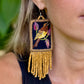 Handmade Guatemalan Embroidered Wren Inspired Bird Earrings with Clay Bead Fringes and Silver Hooks, light mustard