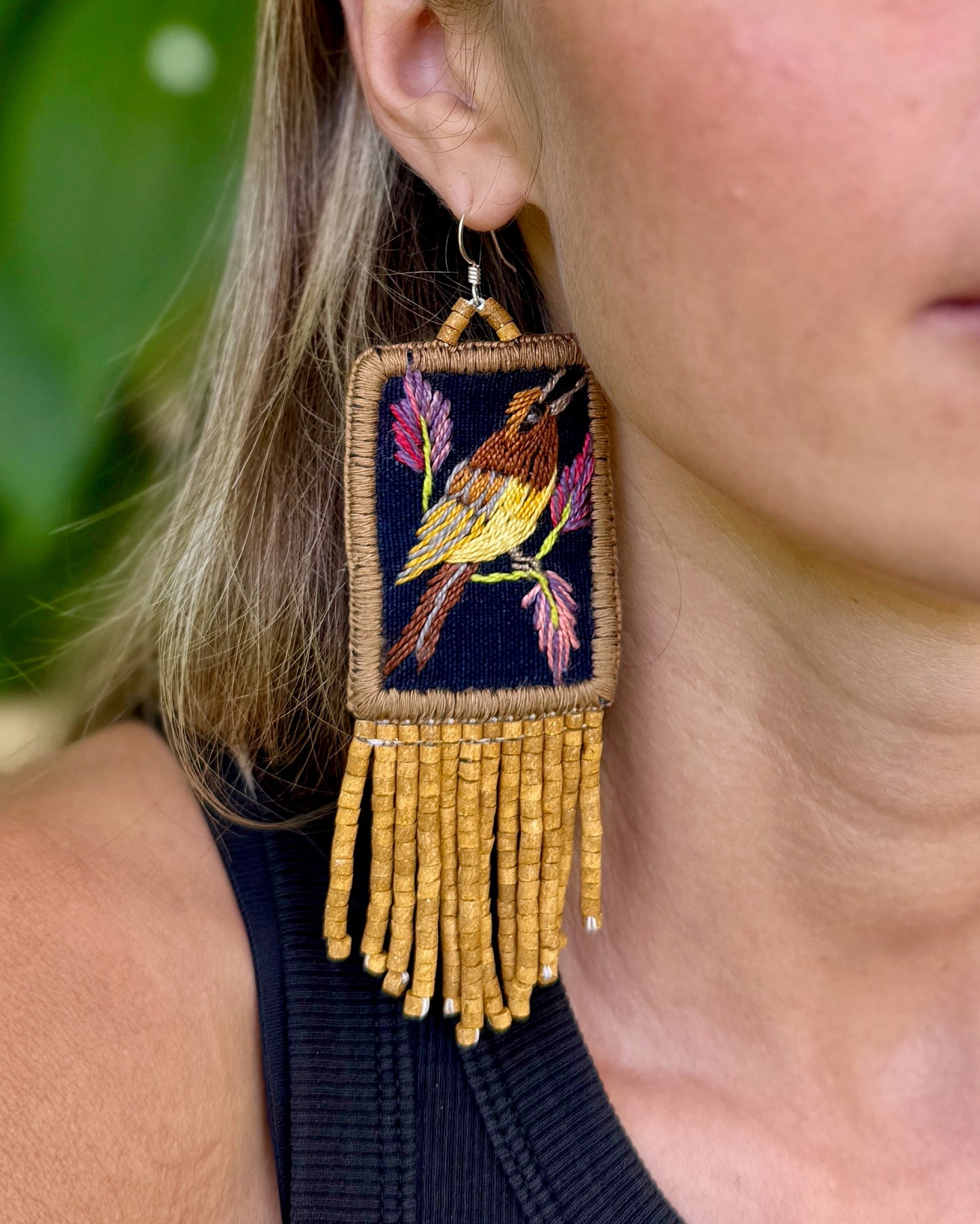 Handmade Guatemalan Embroidered Wren Inspired Bird Earrings with Clay Bead Fringes and Silver Hooks, light mustard