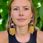 Handmade Guatemalan Embroidered Wren Inspired Bird Earrings with Clay Bead Fringes and Silver Hooks, light mustard