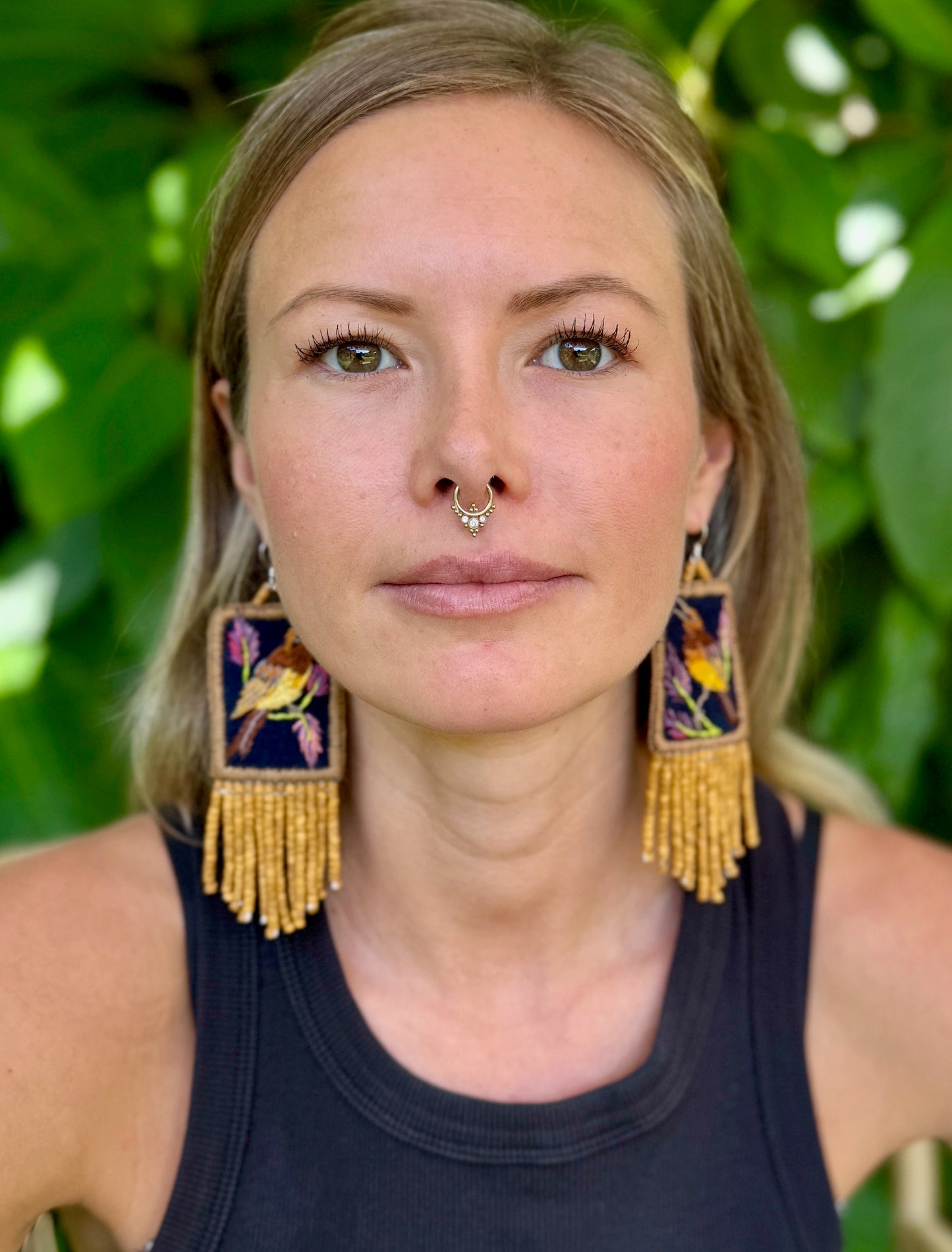 Handmade Guatemalan Embroidered Wren Inspired Bird Earrings with Clay Bead Fringes and Silver Hooks, light mustard