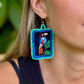 Artisan Guatemalan Embroidered Motmot Bird Earrings with Ceramic Clay Beads and Silver Hooks, turquoise