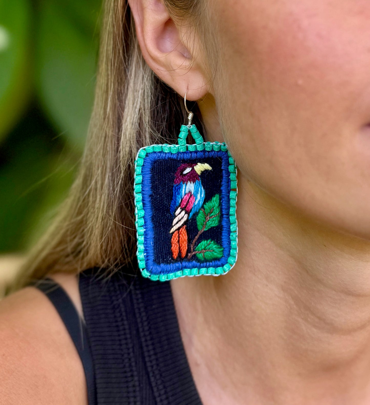 Artisan Guatemalan Embroidered Motmot Bird Earrings with Ceramic Clay Beads and Silver Hooks, turquoise