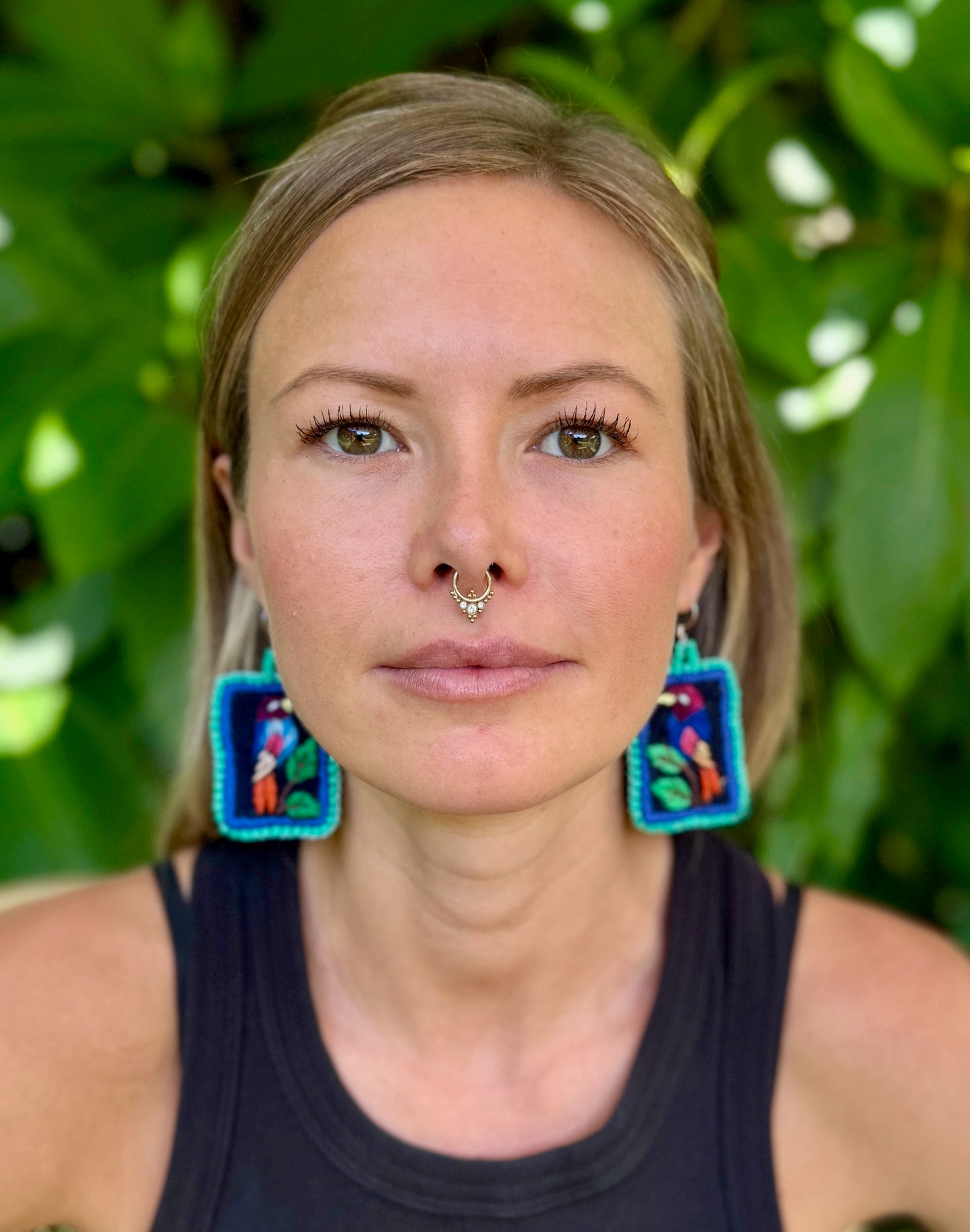 Artisan Guatemalan Embroidered Motmot Bird Earrings with Ceramic Clay Beads and Silver Hooks, turquoise