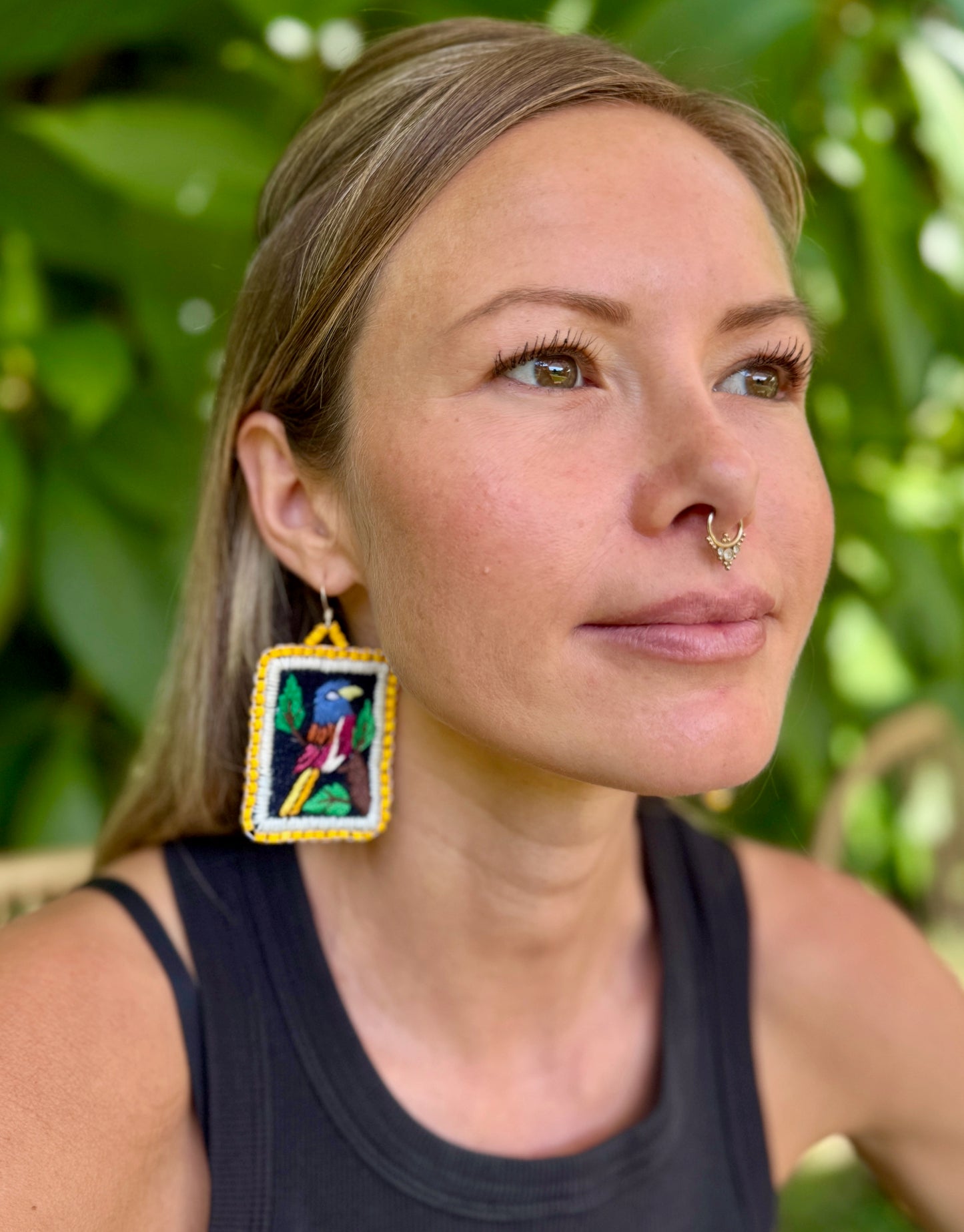 Artisan Guatemalan Embroidered Quetzal Inspired Bird Earrings with Ceramic Clay Beads and Silver Hooks, yellow