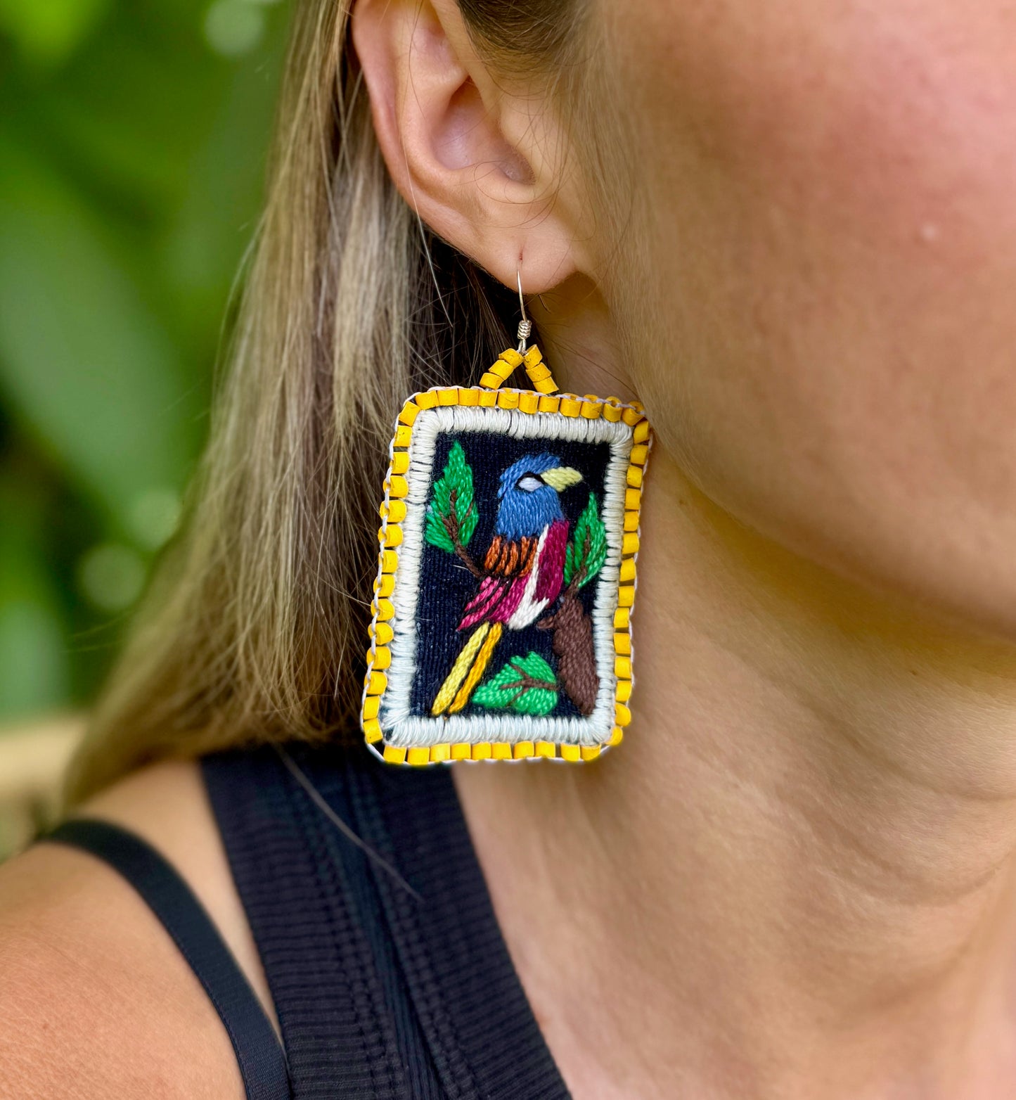 Artisan Guatemalan Embroidered Quetzal Inspired Bird Earrings with Ceramic Clay Beads and Silver Hooks, yellow
