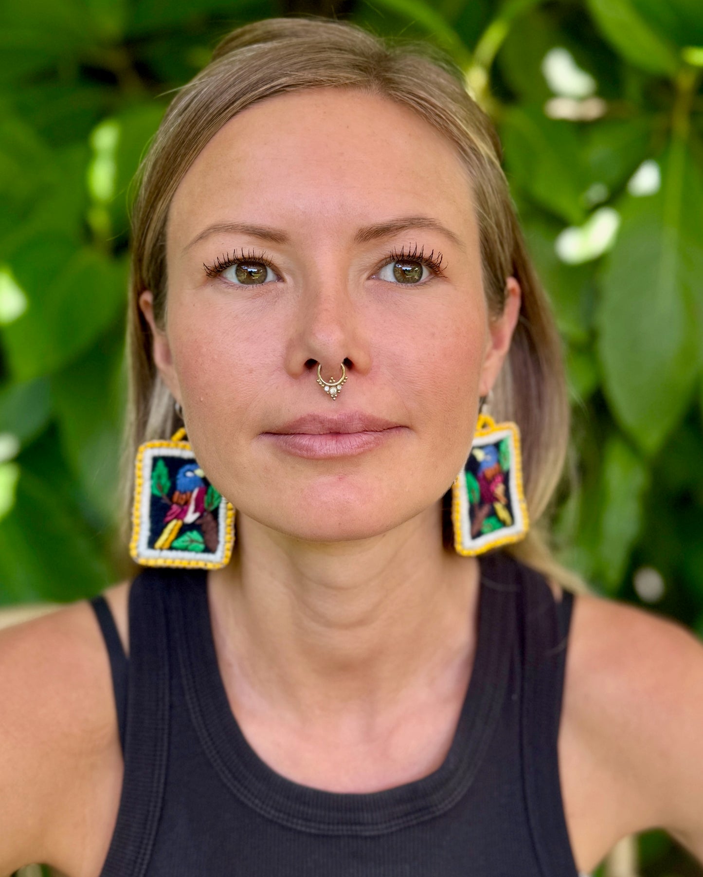 Artisan Guatemalan Embroidered Quetzal Inspired Bird Earrings with Ceramic Clay Beads and Silver Hooks, yellow