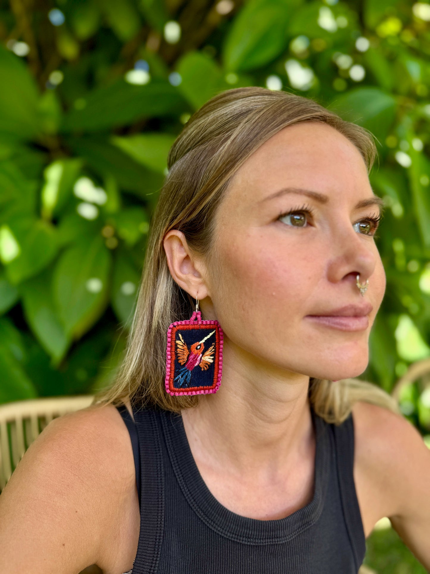 Artisan Guatemalan Embroidered Hummingbird Colibri Bird Earrings with Ceramic Clay Beads and Silver Hooks, hot pink