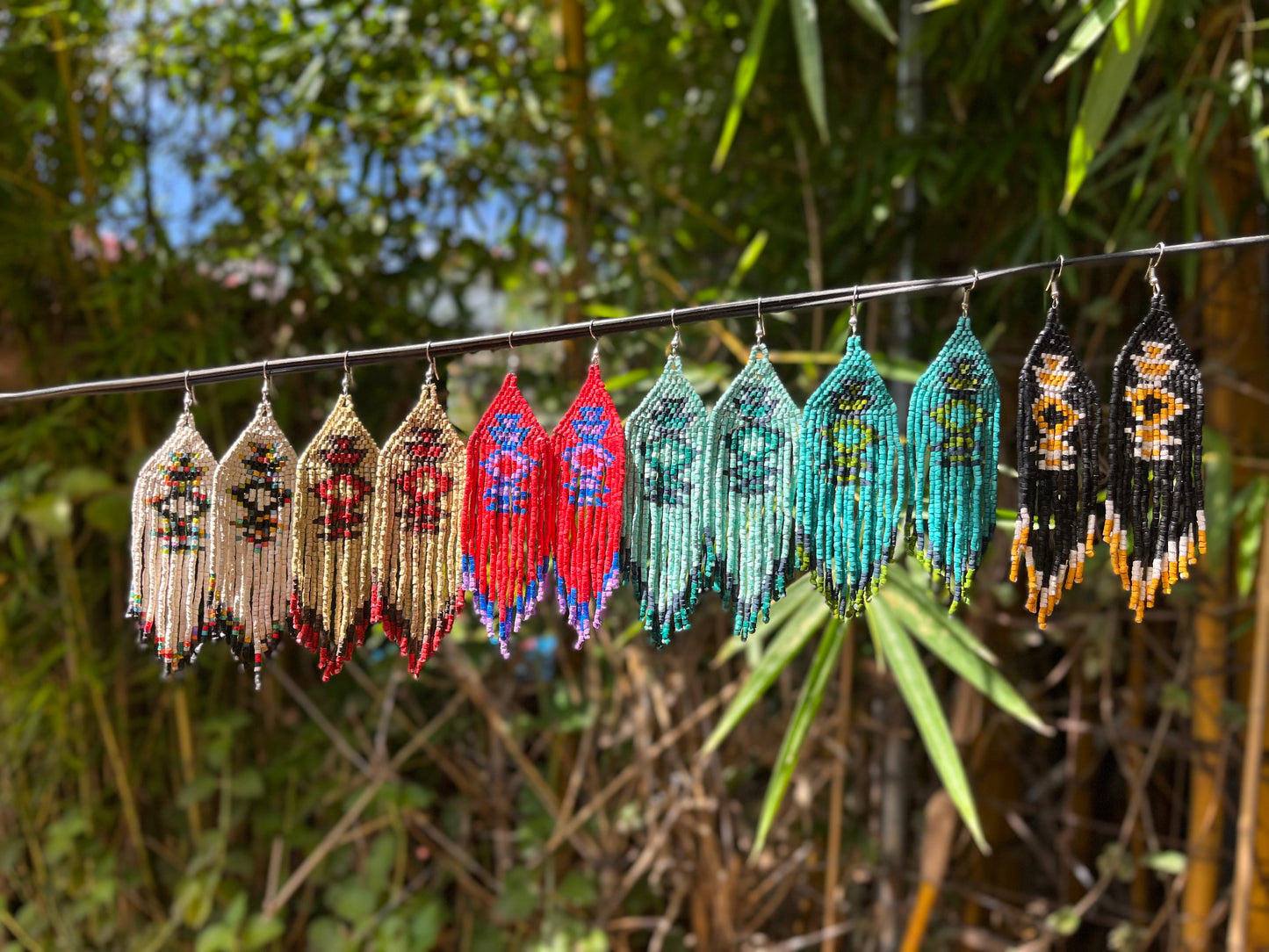 Beaded Fringe Earrings with Geoemetric Symbols