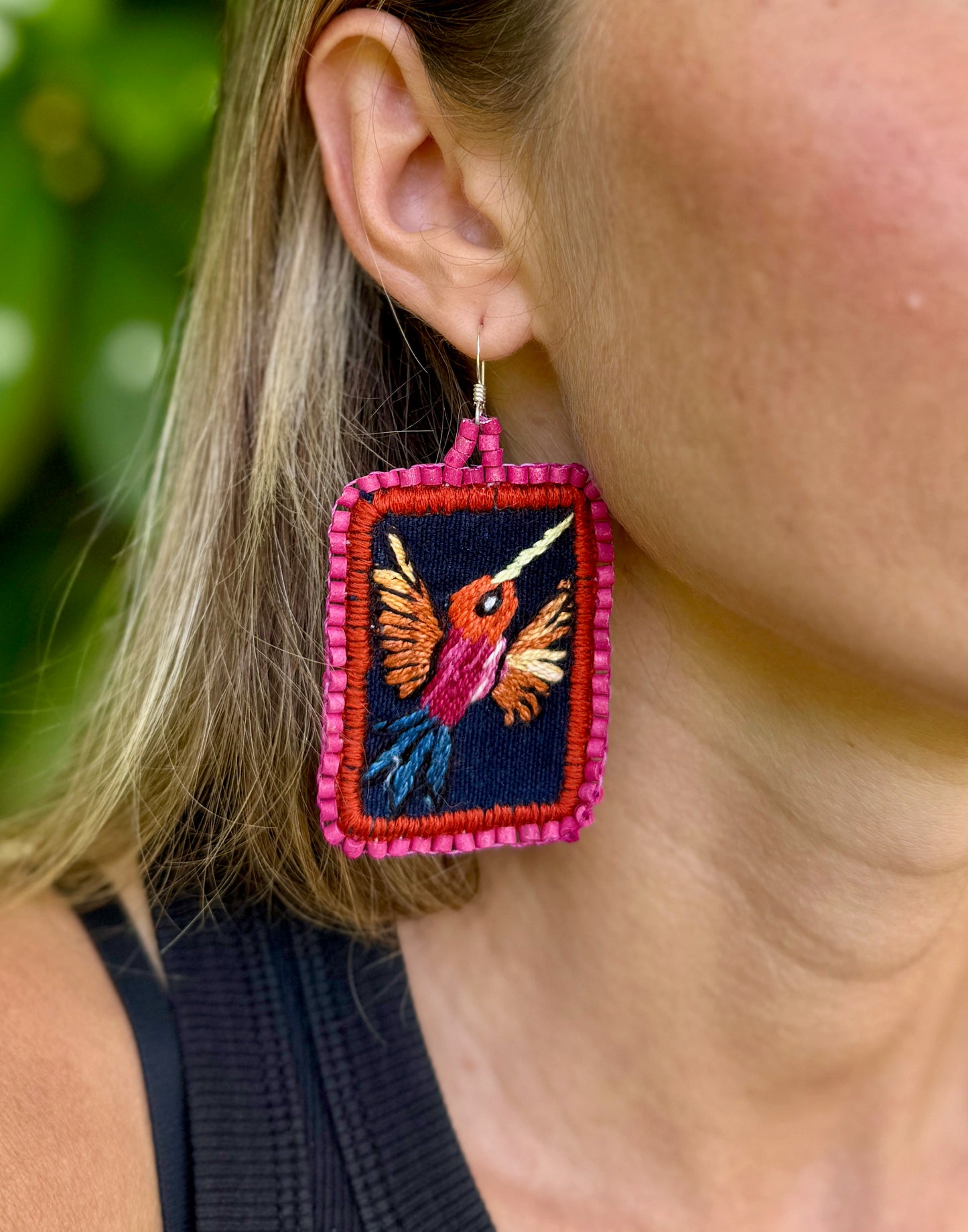 Artisan Guatemalan Embroidered Hummingbird Colibri Bird Earrings with Ceramic Clay Beads and Silver Hooks, hot pink