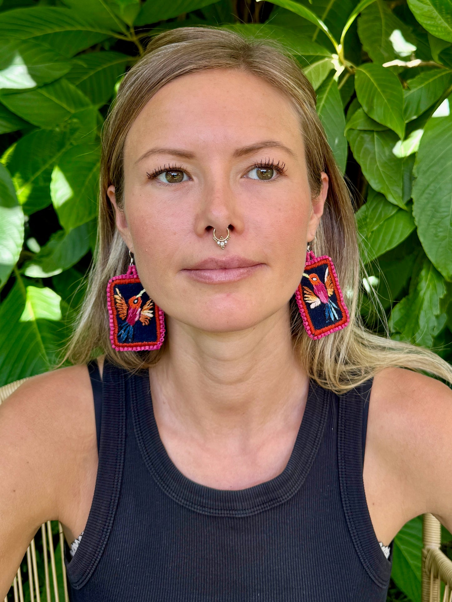 Artisan Guatemalan Embroidered Hummingbird Colibri Bird Earrings with Ceramic Clay Beads and Silver Hooks, hot pink