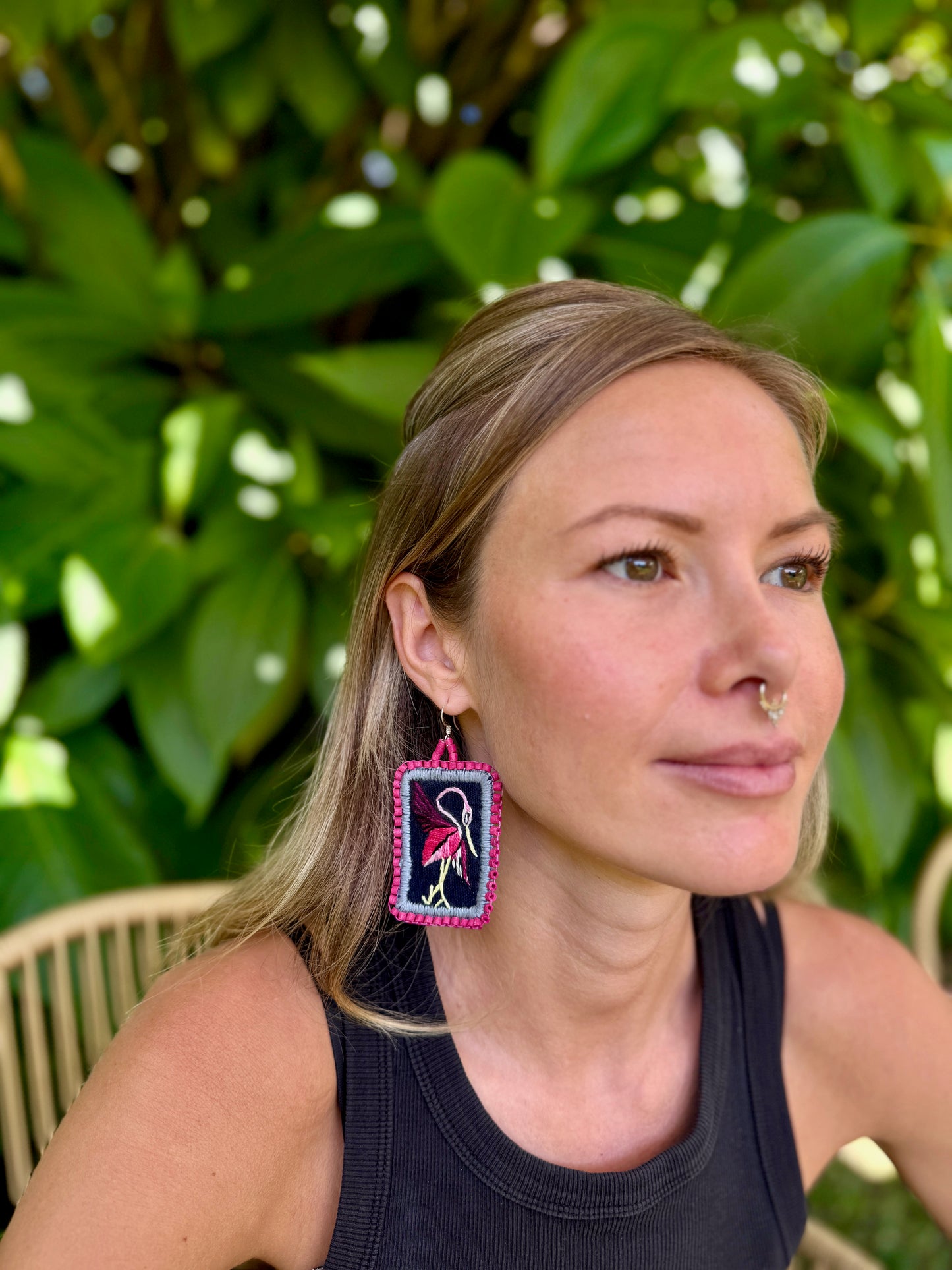 Artisan Guatemalan Embroidered Flamingo Bird Earrings with Ceramic Clay Beads and Silver Hooks, hot pink