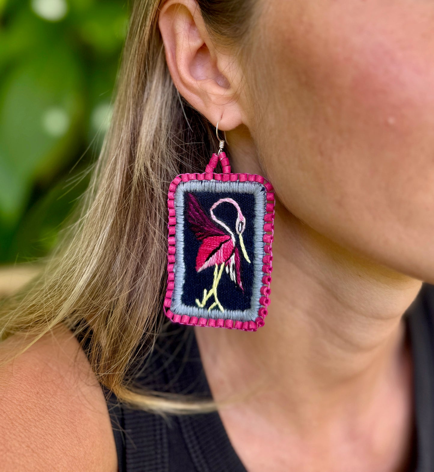 Artisan Guatemalan Embroidered Flamingo Bird Earrings with Ceramic Clay Beads and Silver Hooks, hot pink