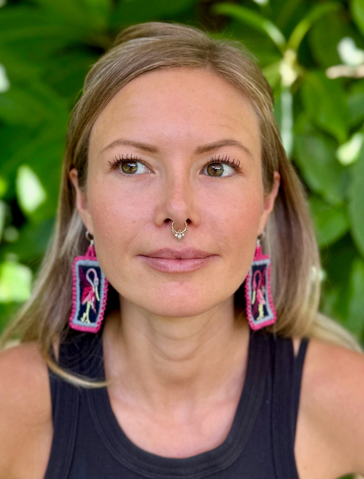 Artisan Guatemalan Embroidered Flamingo Bird Earrings with Ceramic Clay Beads and Silver Hooks, hot pink