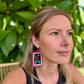 Artisan Guatemalan Embroidered Tanager Bird Earrings with Ceramic Clay Beads and Silver Hooks, ruby red