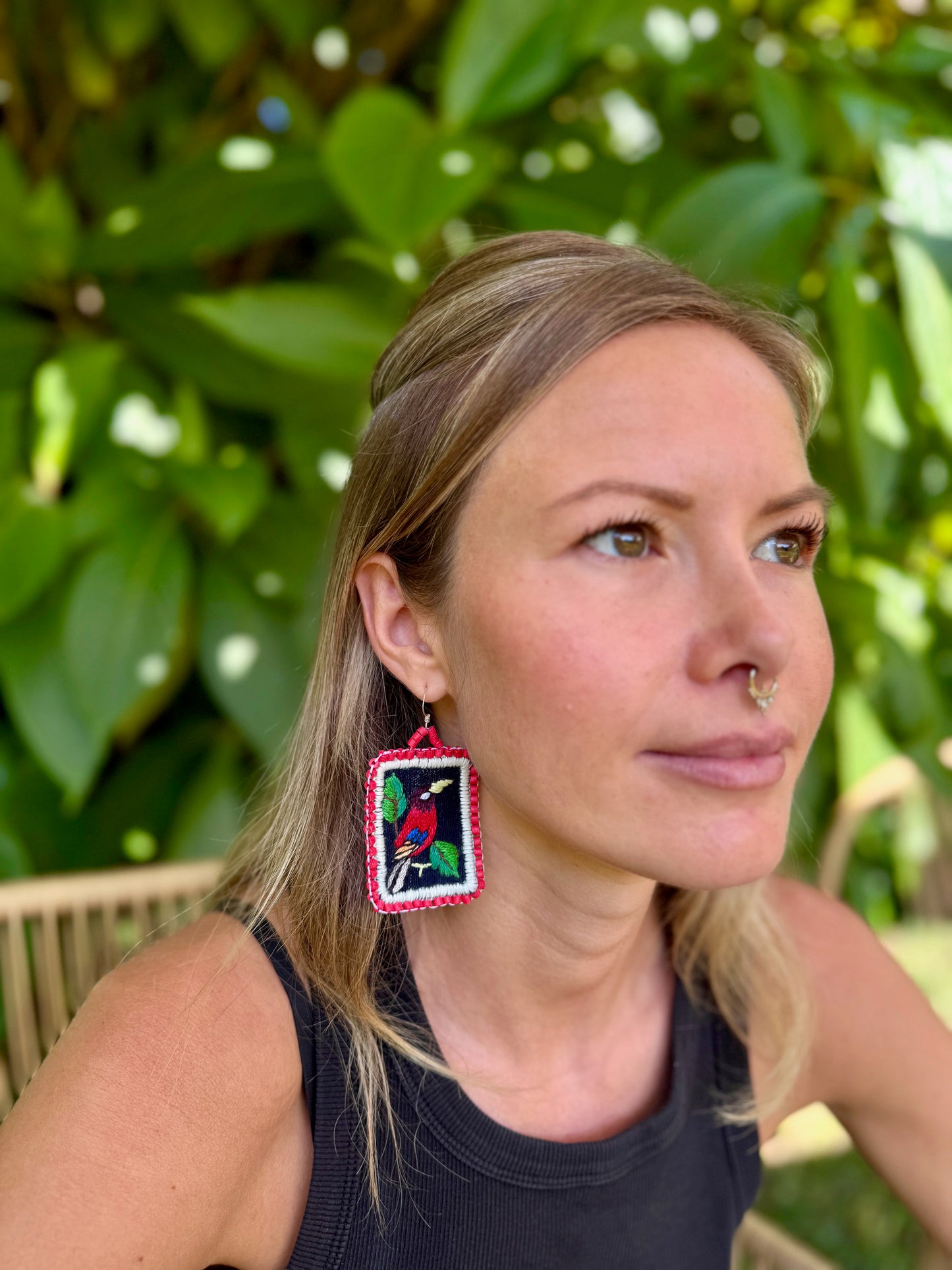 Artisan Guatemalan Embroidered Tanager Bird Earrings with Ceramic Clay Beads and Silver Hooks, ruby red