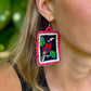 Artisan Guatemalan Embroidered Tanager Bird Earrings with Ceramic Clay Beads and Silver Hooks, ruby red