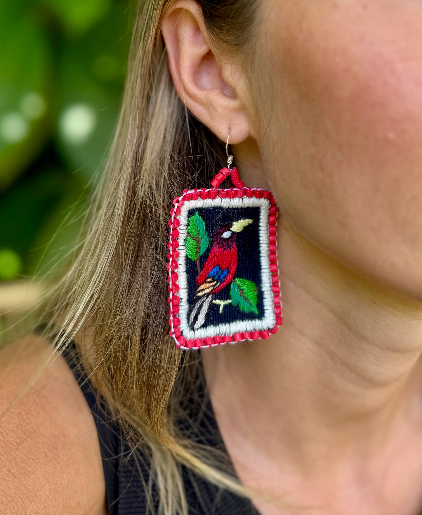 Artisan Guatemalan Embroidered Tanager Bird Earrings with Ceramic Clay Beads and Silver Hooks, ruby red