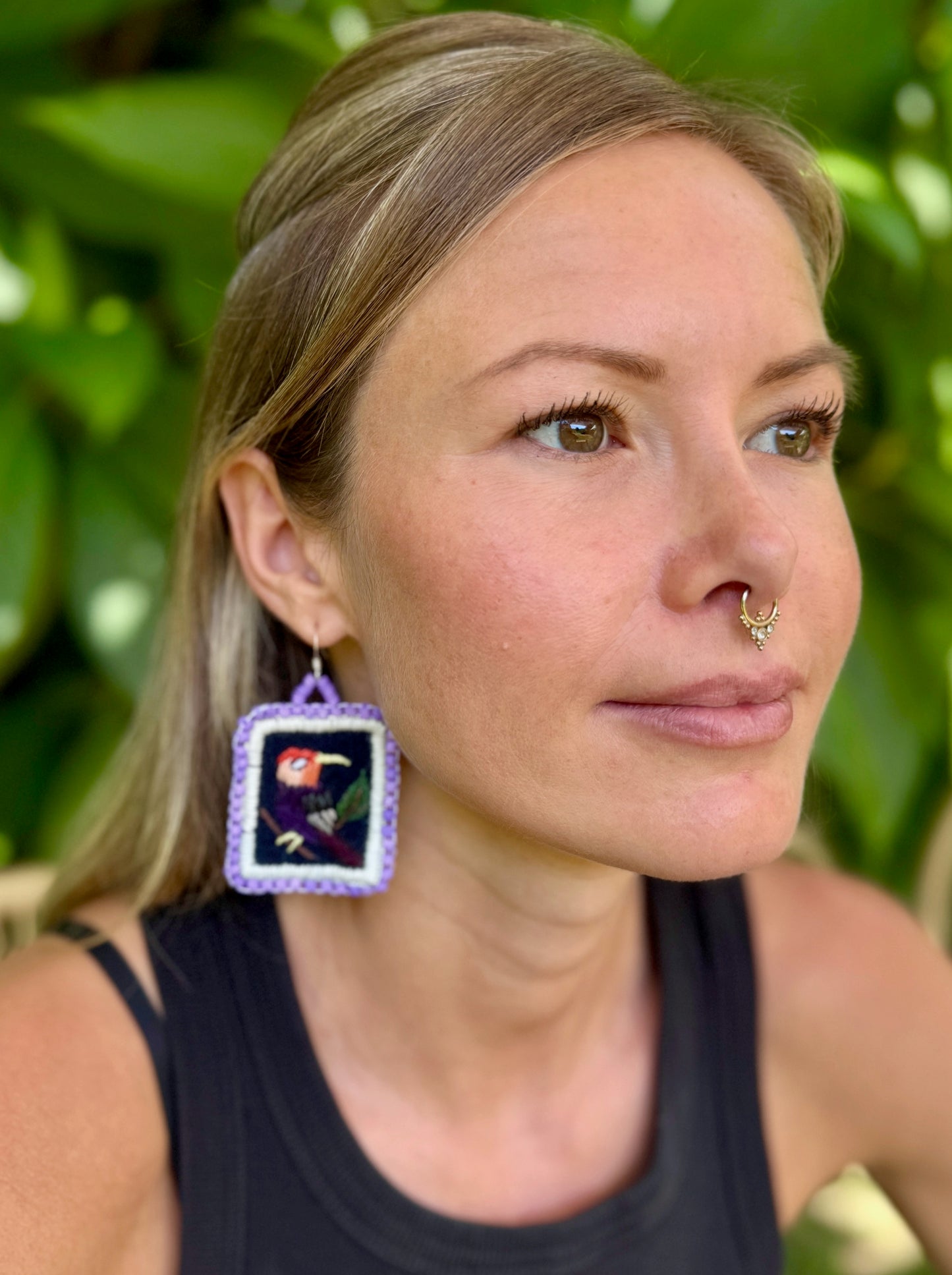 Artisan Guatemalan Embroidered Toucan Inspired Bird Earrings with Ceramic Clay Beads and Silver Hooks, light purple