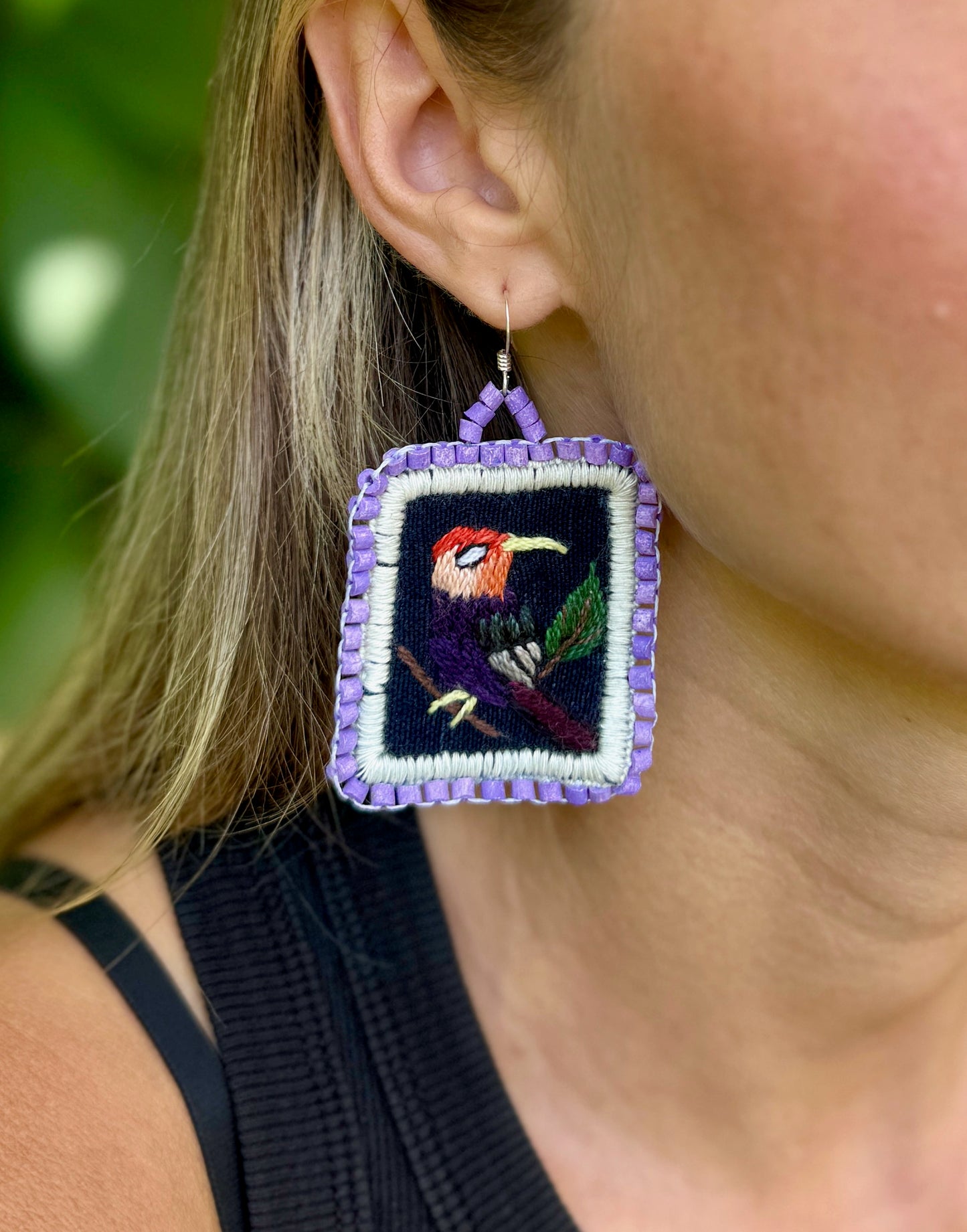 Artisan Guatemalan Embroidered Toucan Inspired Bird Earrings with Ceramic Clay Beads and Silver Hooks, light purple