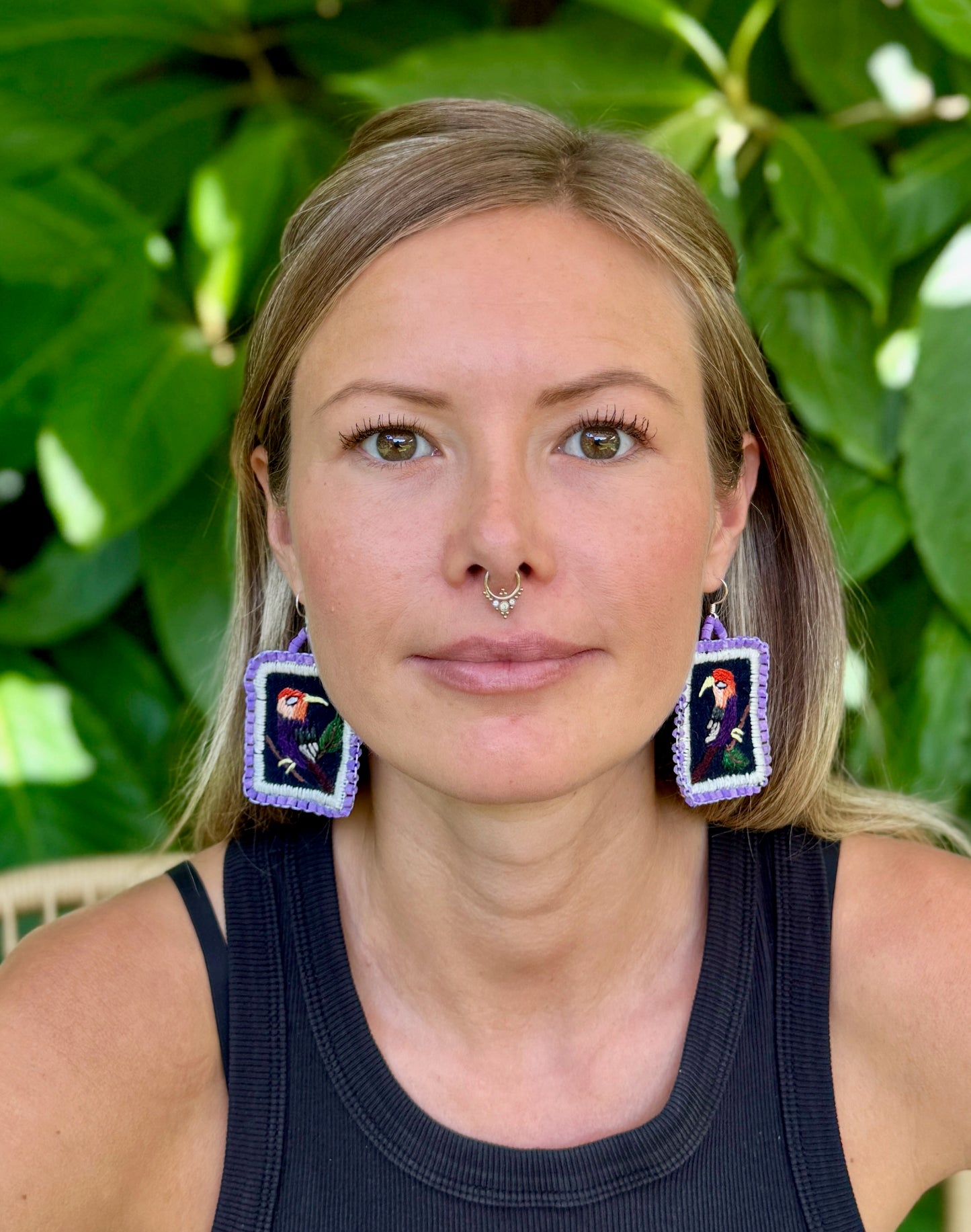 Artisan Guatemalan Embroidered Toucan Inspired Bird Earrings with Ceramic Clay Beads and Silver Hooks, light purple