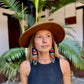 Guatemalan Mayan Textile Statement Earrings with Handmade Clay Beads, dark blue zigzag