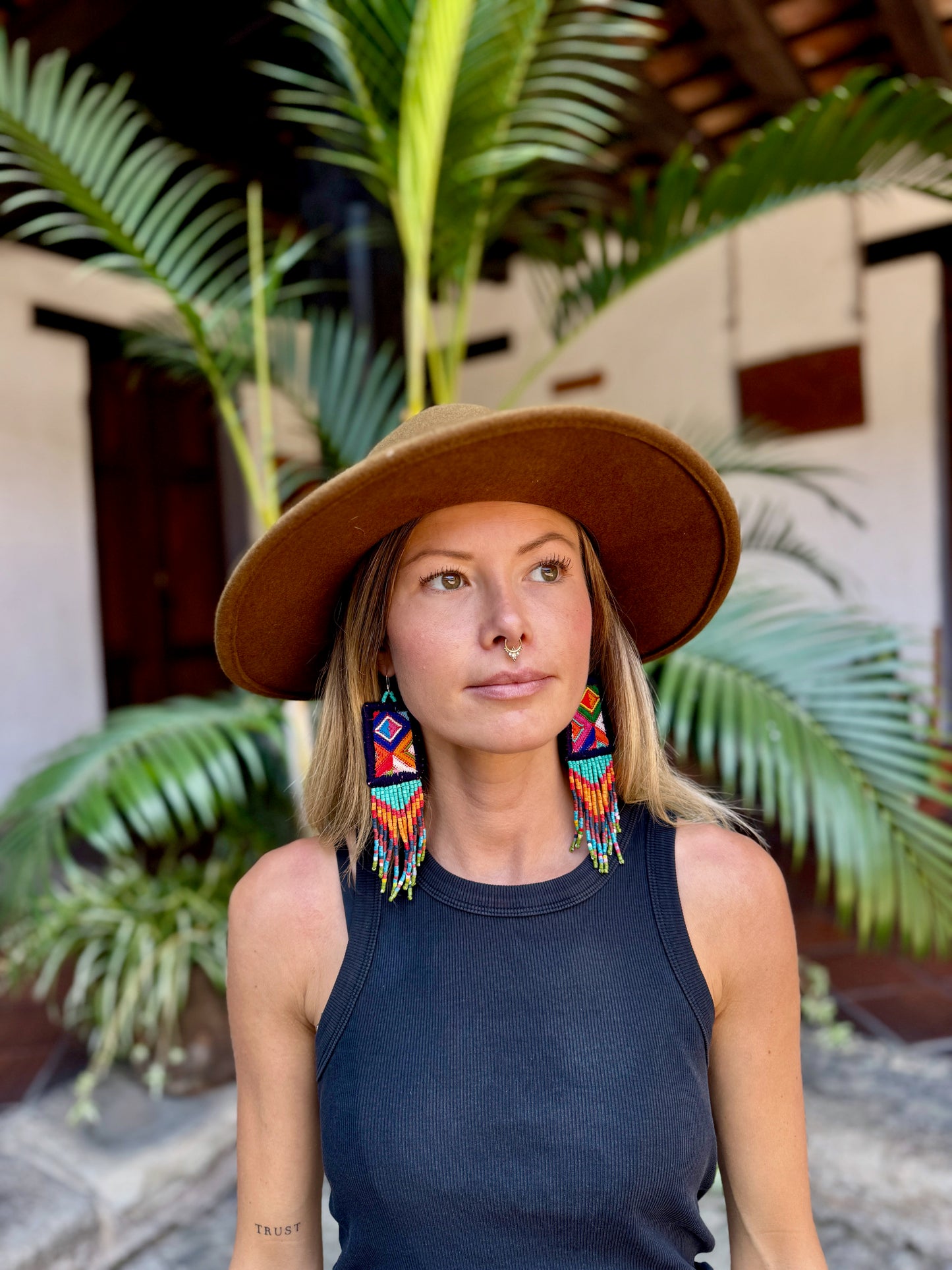 Guatemalan Mayan Textile Statement Earrings with Handmade Clay Beads, dark blue zigzag
