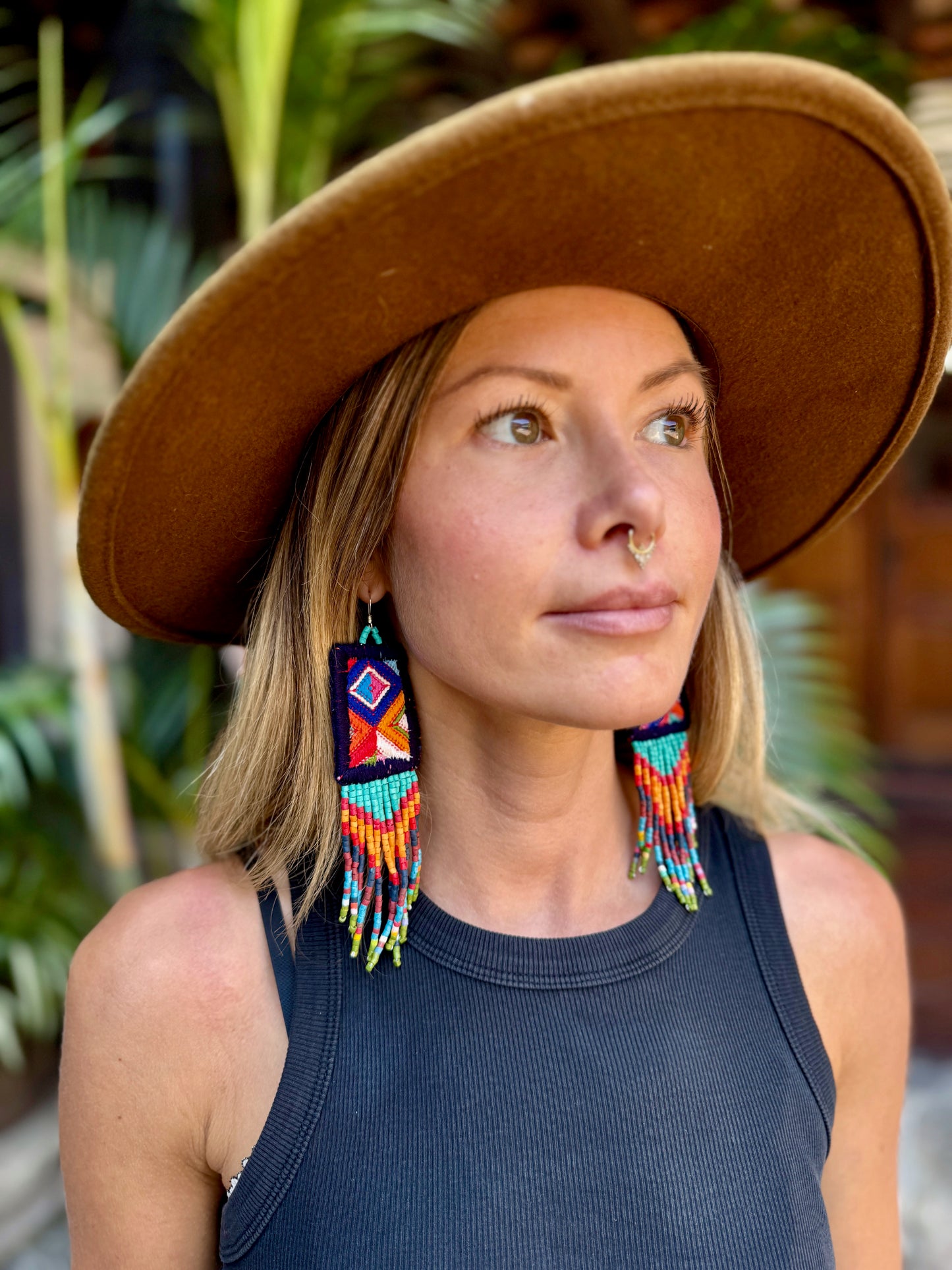 Guatemalan Mayan Textile Statement Earrings with Handmade Clay Beads, dark blue zigzag