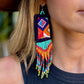 Guatemalan Mayan Textile Statement Earrings with Handmade Clay Beads, dark blue zigzag