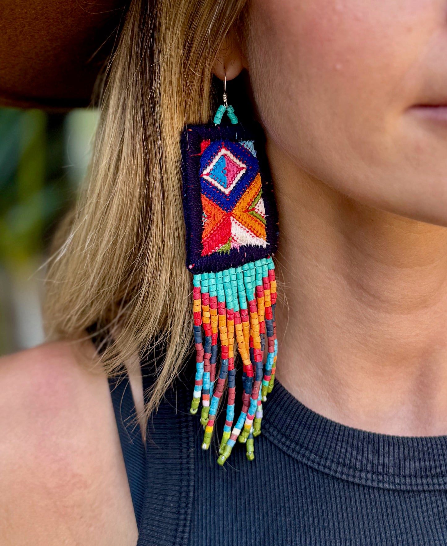 Guatemalan Mayan Textile Statement Earrings with Handmade Clay Beads, dark blue zigzag