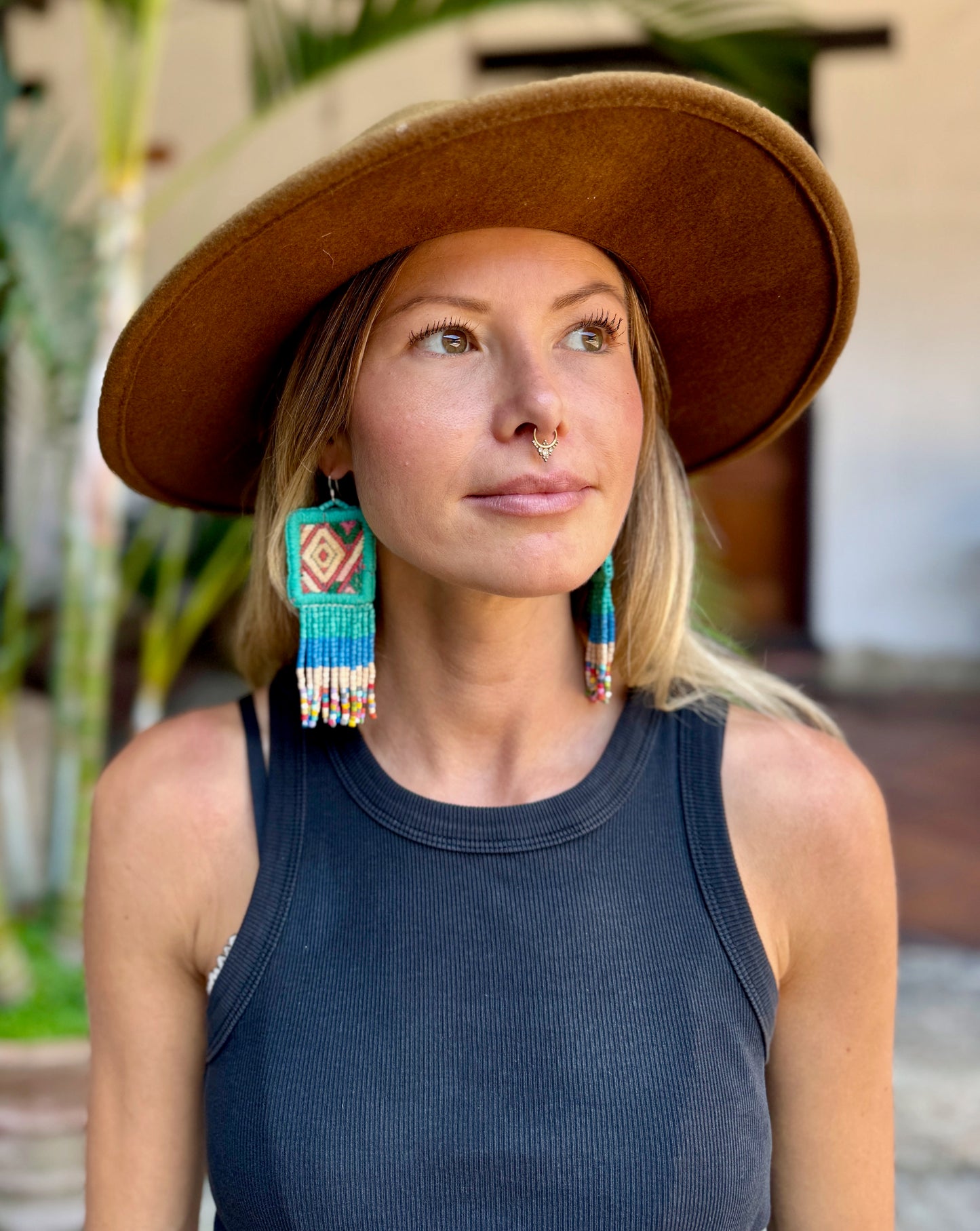 Guatemalan Mayan Textile Statement Earrings with Handmade Clay Beads, medium length turquoise square