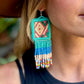 Guatemalan Mayan Textile Statement Earrings with Handmade Clay Beads, medium length turquoise square
