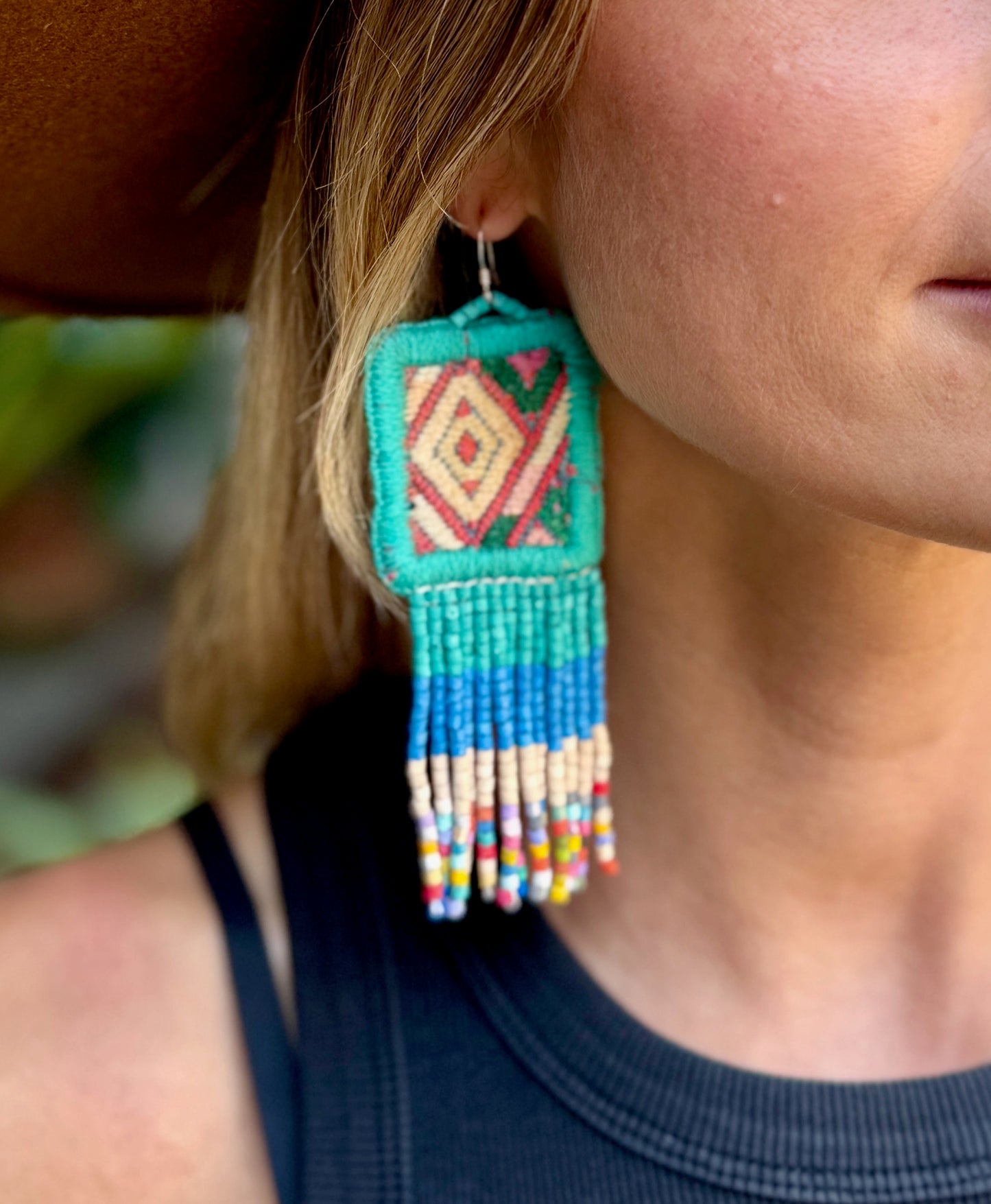 Guatemalan Mayan Textile Statement Earrings with Handmade Clay Beads, medium length turquoise square