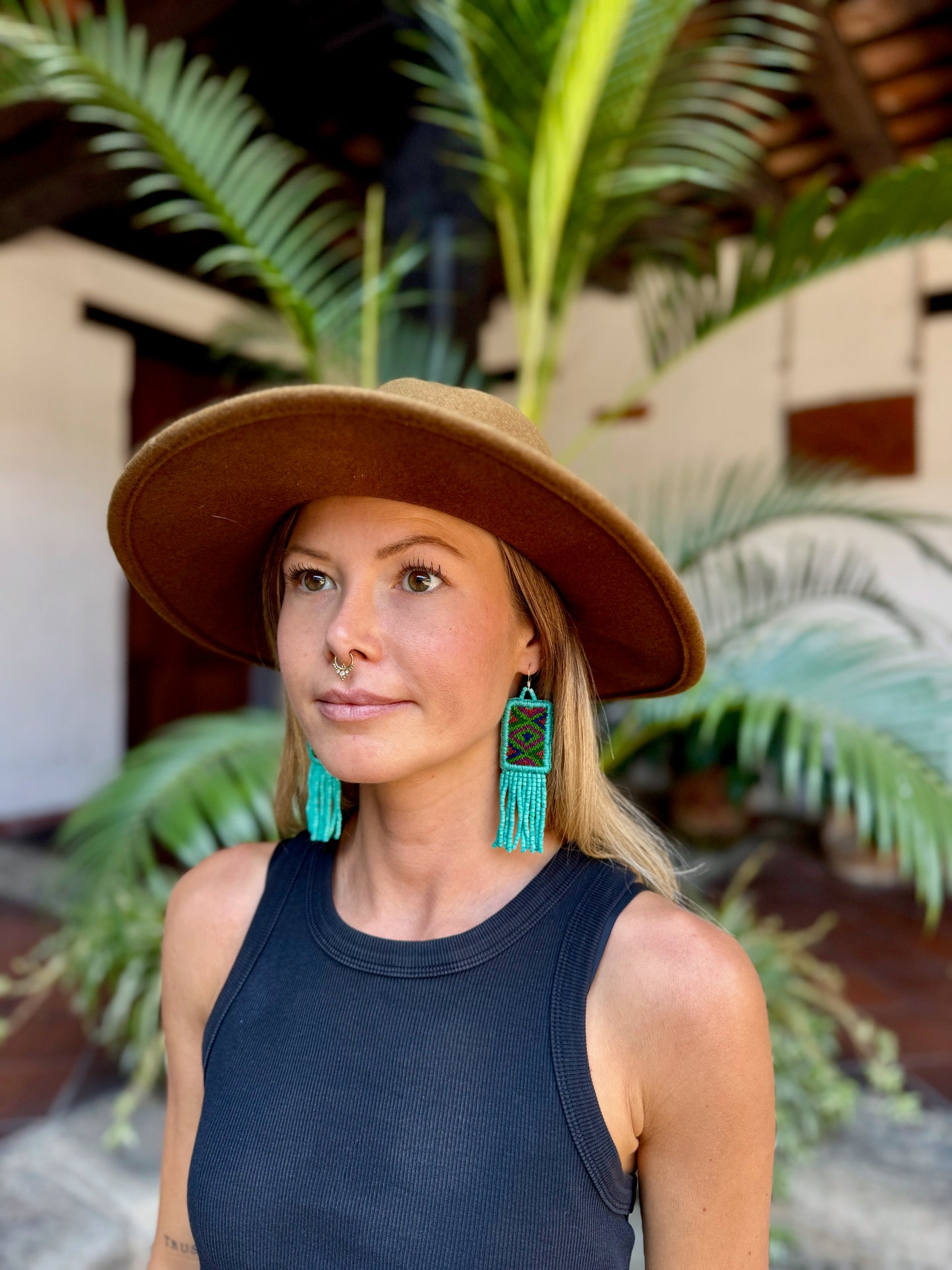 Guatemalan Mayan Textile Statement Earrings with Handmade Clay Beads, medium length, turquoise rectangle