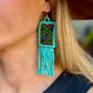Guatemalan Mayan Textile Statement Earrings with Handmade Clay Beads, medium length, turquoise rectangle