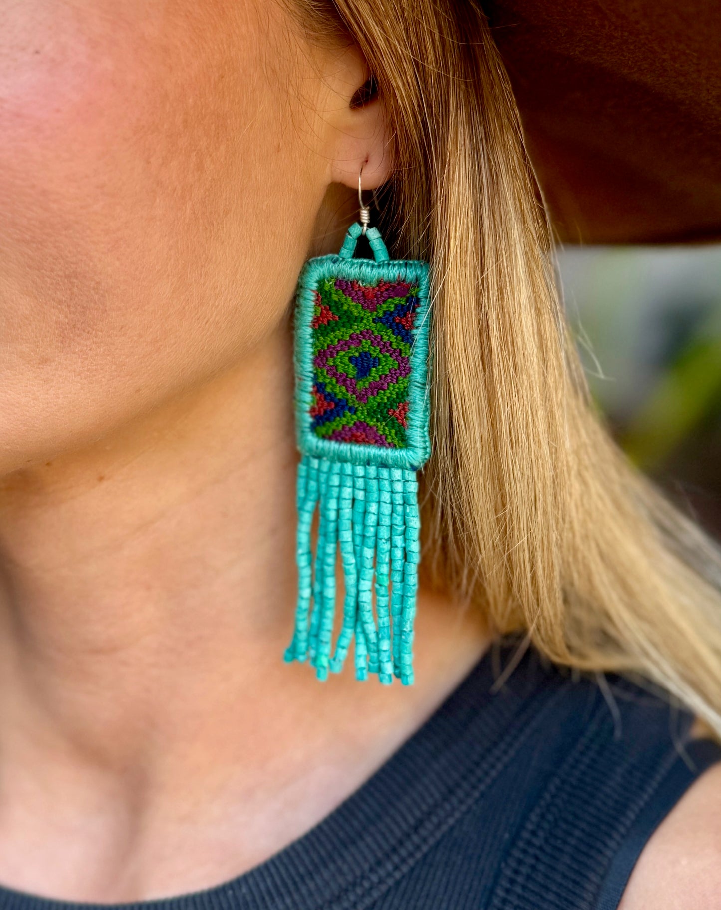 Guatemalan Mayan Textile Statement Earrings with Handmade Clay Beads, medium length, turquoise rectangle