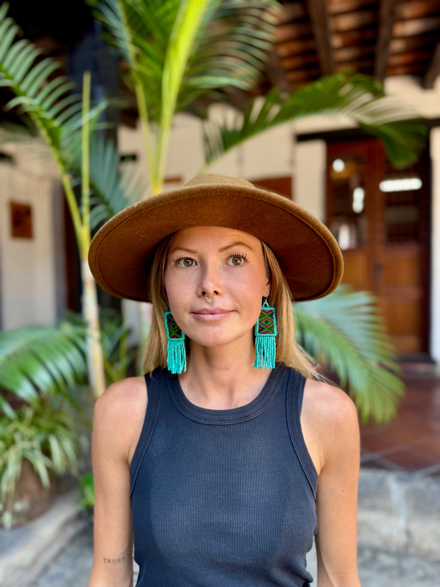 Guatemalan Mayan Textile Statement Earrings with Handmade Clay Beads, medium length, turquoise rectangle