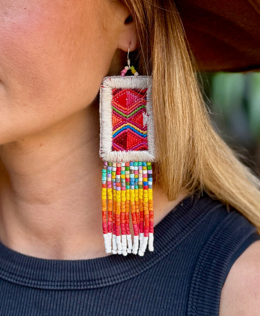 Guatemalan Mayan Textile Statement Earrings with Handmade Clay Beads, medium length, white rectangle