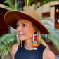 Guatemalan Mayan Textile Statement Earrings with Handmade Clay Beads, medium length, white rectangle