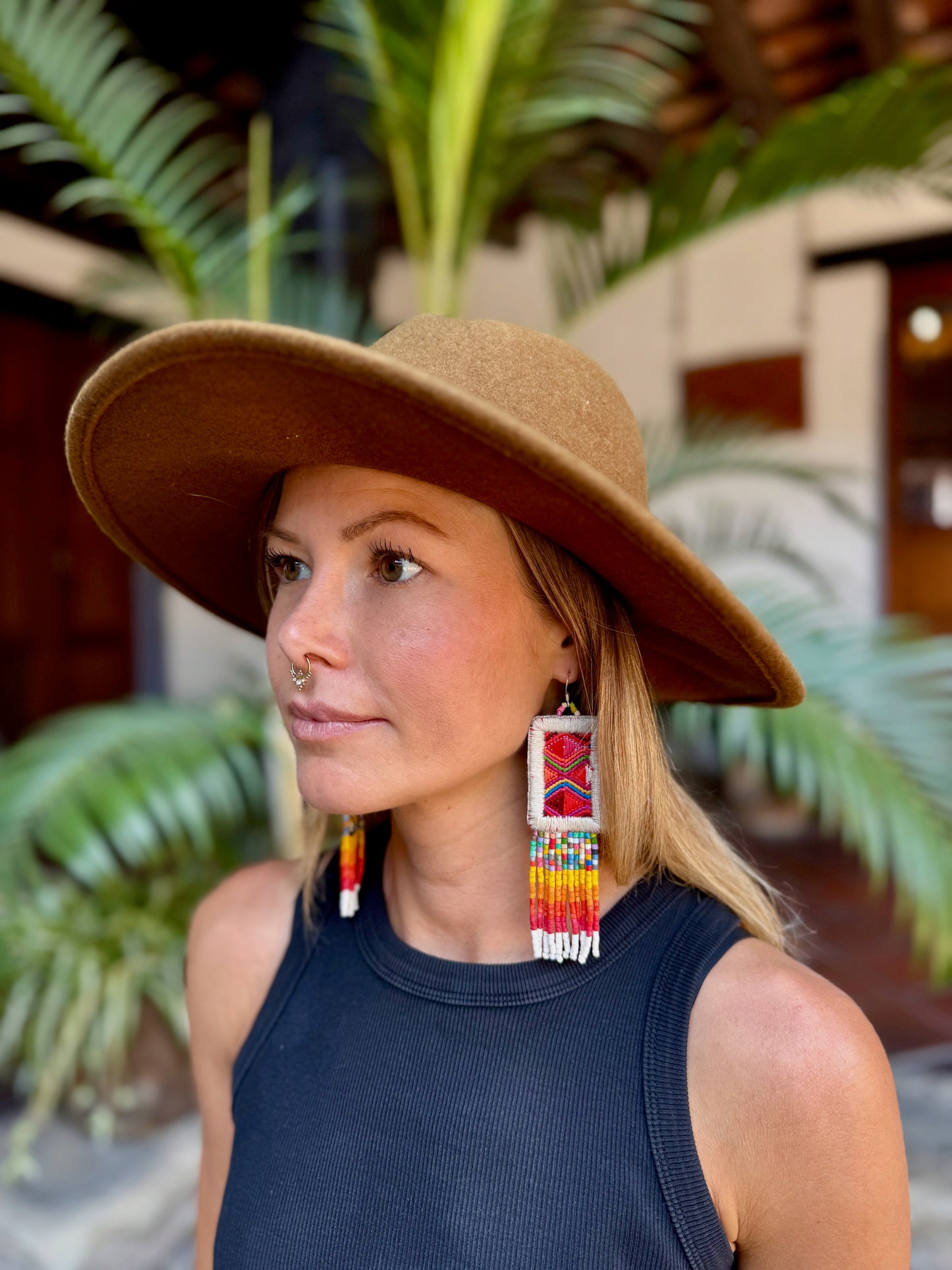 Guatemalan Mayan Textile Statement Earrings with Handmade Clay Beads, medium length, white rectangle