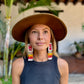 Guatemalan Mayan Textile Statement Earrings with Handmade Clay Beads, medium length, white rectangle