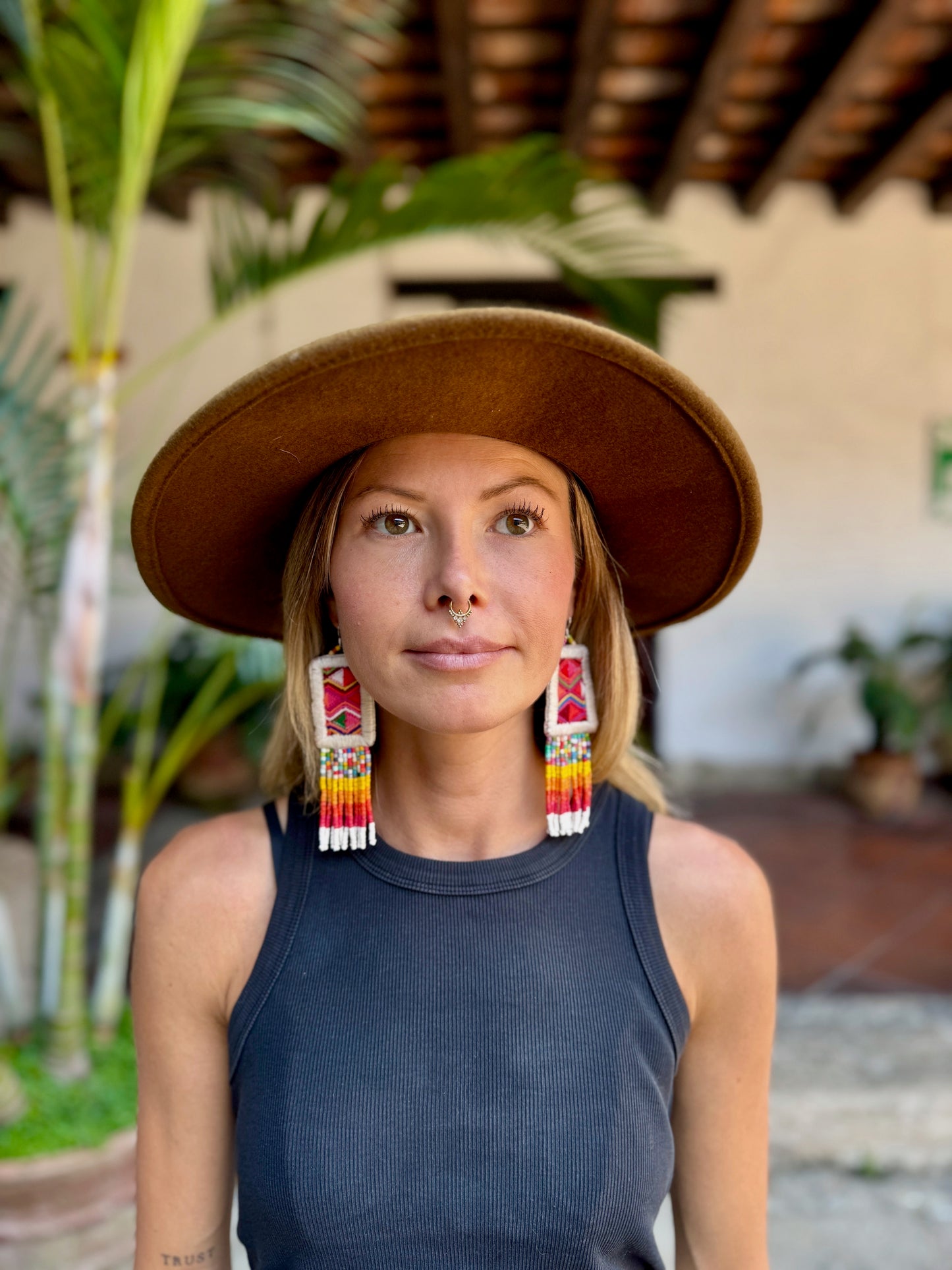 Guatemalan Mayan Textile Statement Earrings with Handmade Clay Beads, medium length, white rectangle