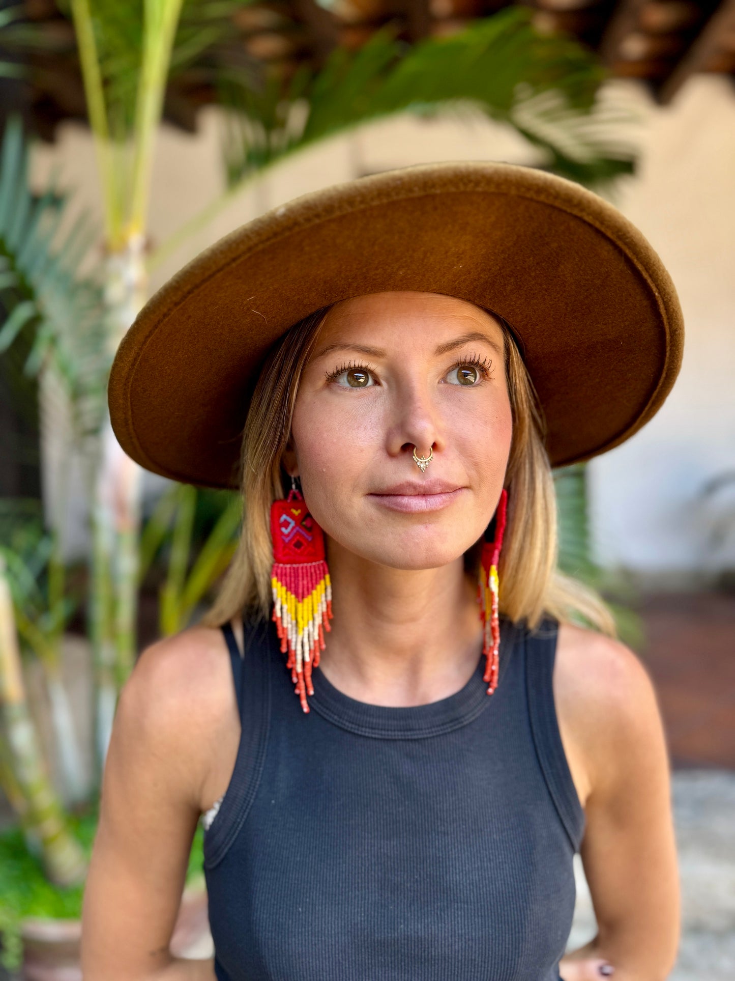 Guatemalan Mayan Textile Statement Earrings with Handmade Clay Beads, red square