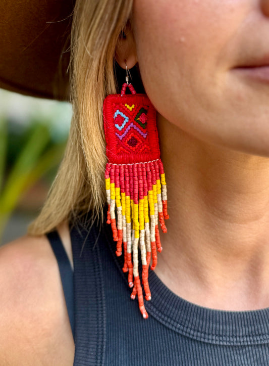 Guatemalan Mayan Textile Statement Earrings with Handmade Clay Beads, red square